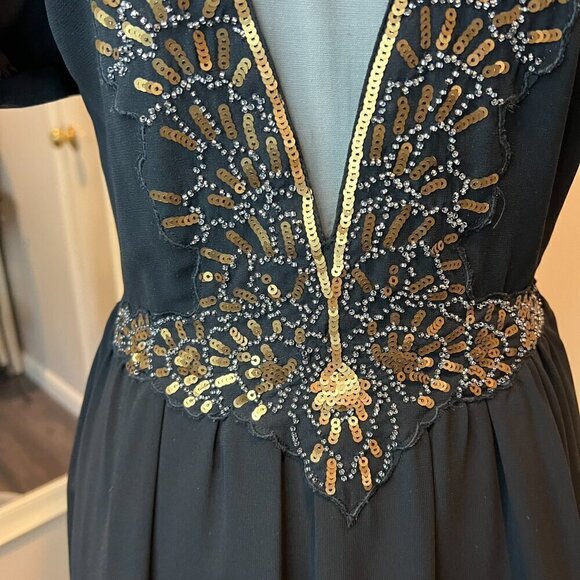 bebe Black with Gold sequins Mesh Chiffon Mini Dress, Size 2 - Picture 5 of 15